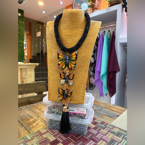 Jewelry - Black Beaded Necklace with Orange Butterfly Pendants